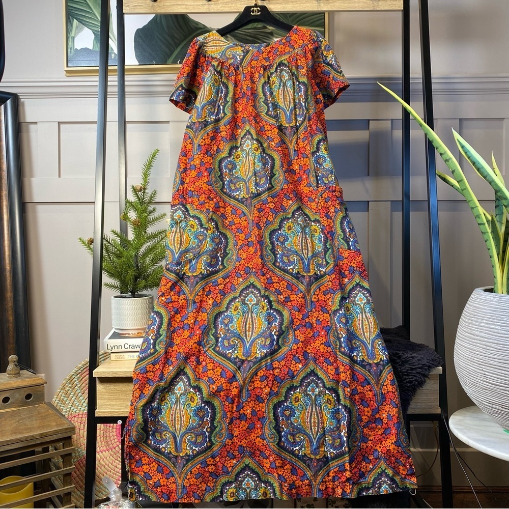 Custom Handmade 1970s Inspired Bright Colourful Maxi Dress cotton Fabric